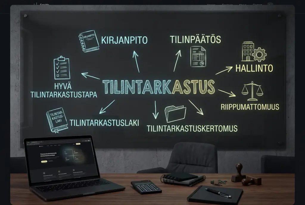 Lasitaulu, jossa tilintarkastuksen osa-alueet: kirjanpito, tilinpäätös, hallinto ja tilintarkastuskertomus